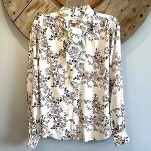 Liz Claiborne white floral women's button-down rayon blouse top-L